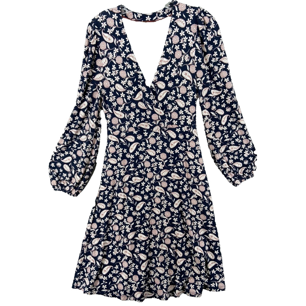 Boden‎ Dress Sz 6L Long Blue Red Wrap Pockets Stretch Puff Long Sleeve V-Neck